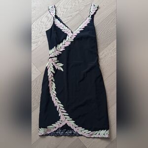 NICOLE MILLER 100% Silk Dress with Pink and Green Leaf Accent SIZE 8